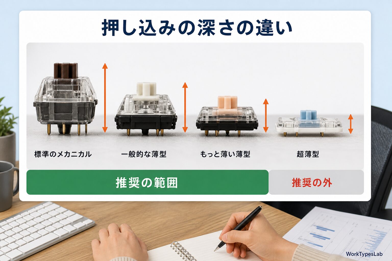 標準から超薄型までキーの断面を深さ順に並べた図