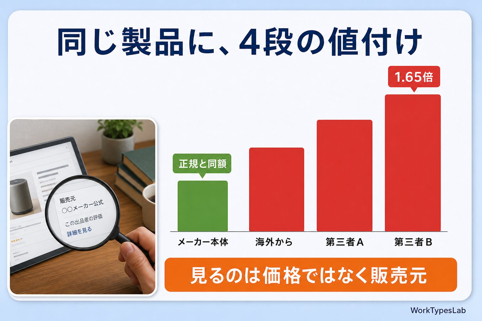 販売元によって価格が最大1.65倍まで開く様子を示した階段状のグラフ