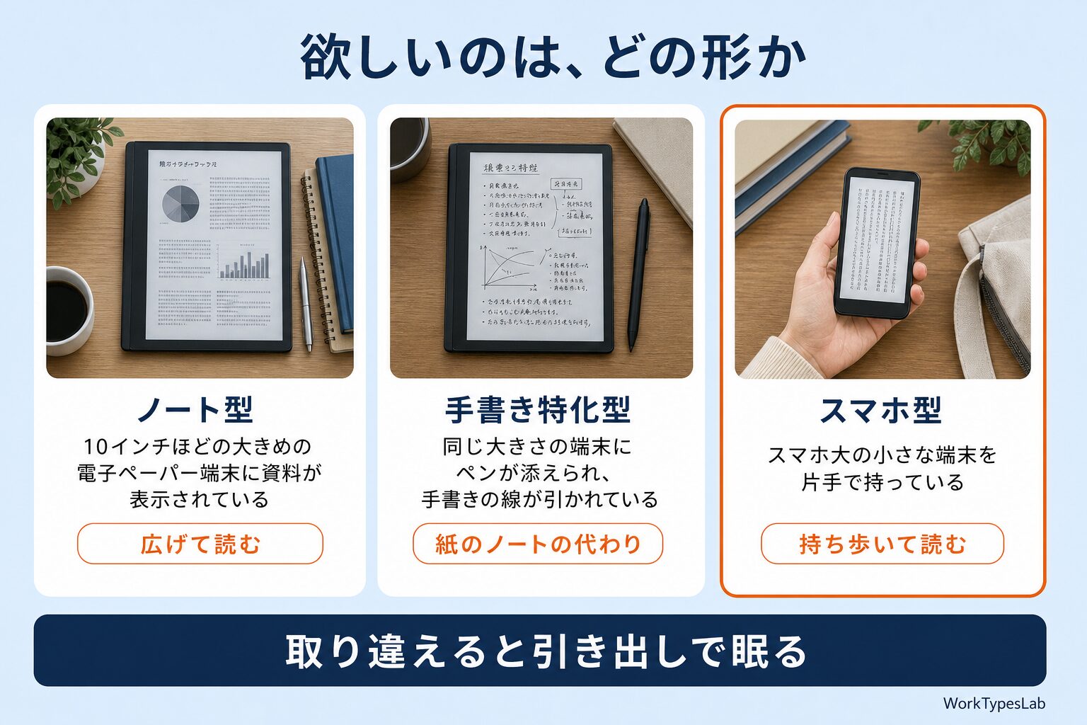 ノート型・手書き特化型・スマホ型の3つの電子ペーパーを並べた比較図