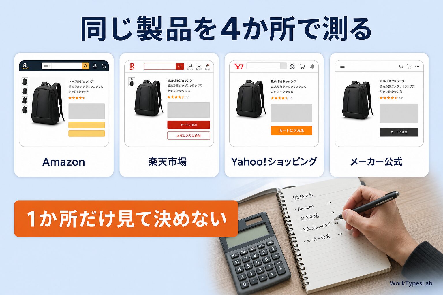 4つの通販サイトの商品ページを模したカードを横並びにした図