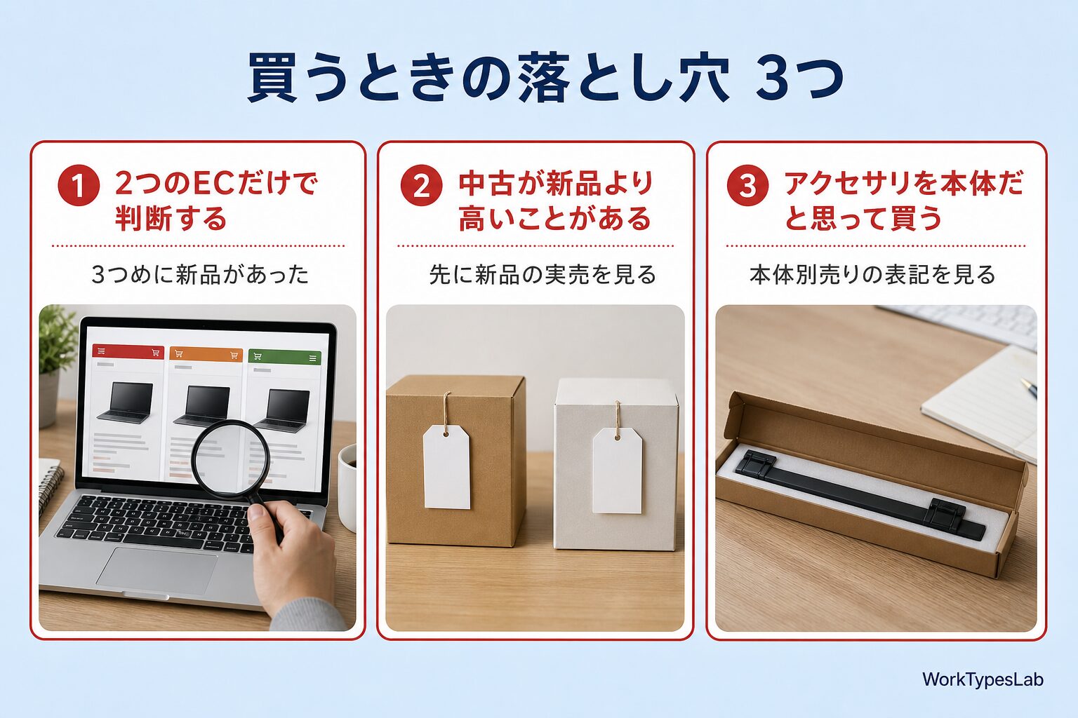 ECを2つだけ見て判断する・中古が新品より高い・アクセサリを本体と間違えるという3つの注意点