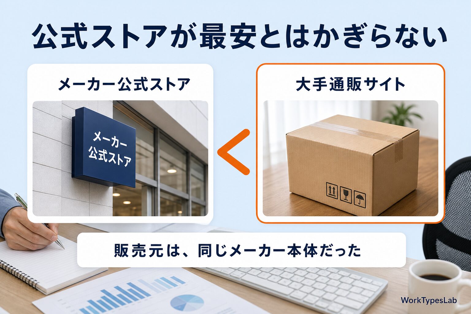 メーカー公式ストアと大手通販サイトを不等号で比べた図