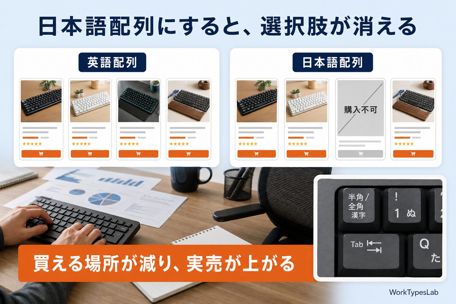 英語配列と日本語配列で購入可能な販売店の数を比べた図