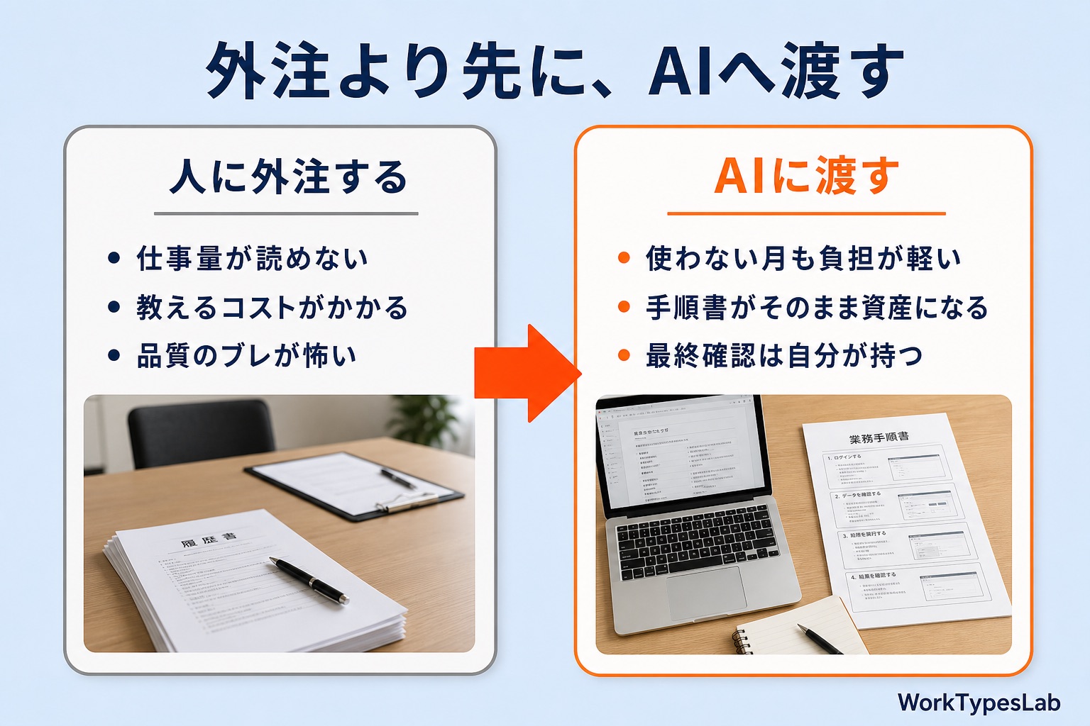「人に外注する」と「AIに渡す」を3項目ずつ比較した図解
