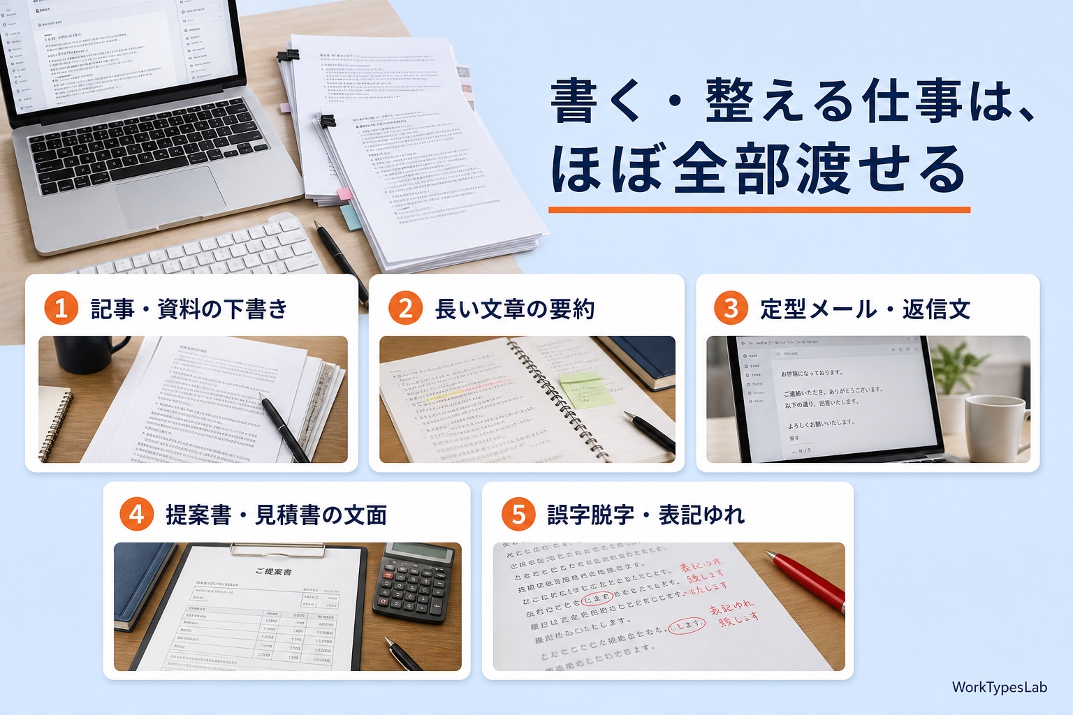 記事の下書き・要約・定型メール・提案書・誤字チェックの5業務カード