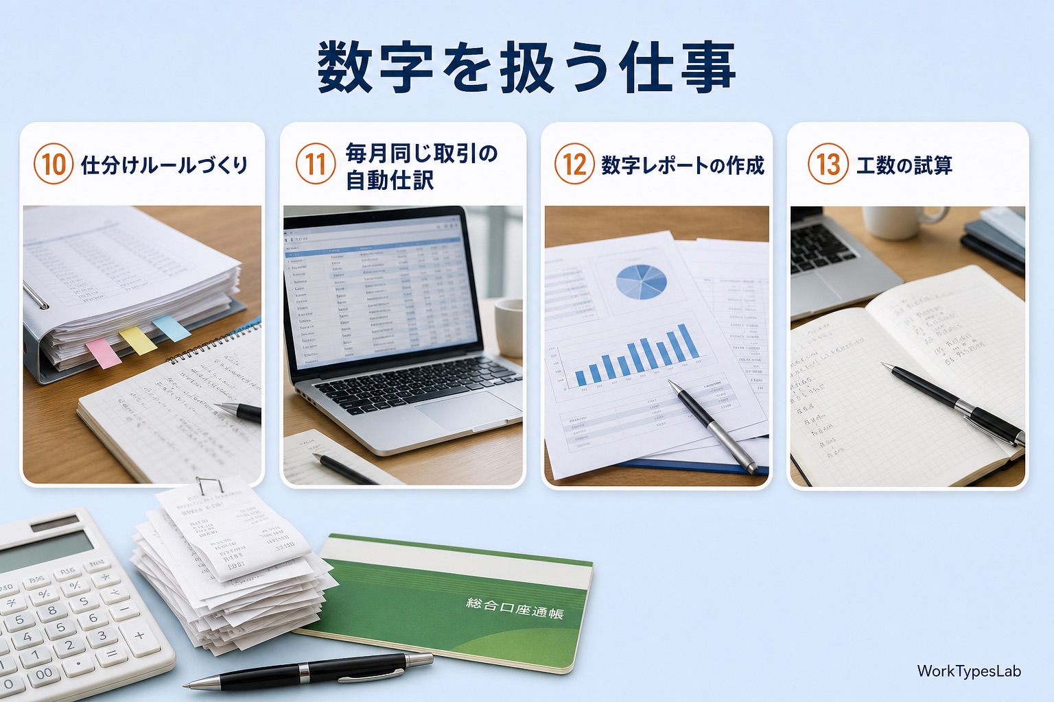 仕分けルール・自動仕訳・数字レポート・工数試算の4業務カード