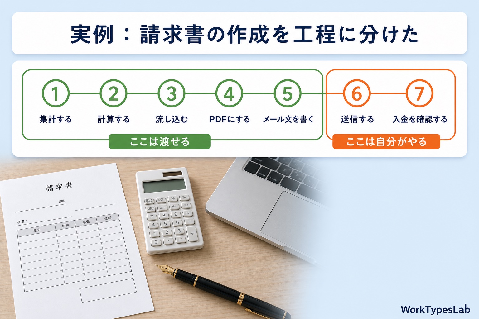 請求書作成の7工程のうち5工程は渡せて2工程は自分がやることを示した図