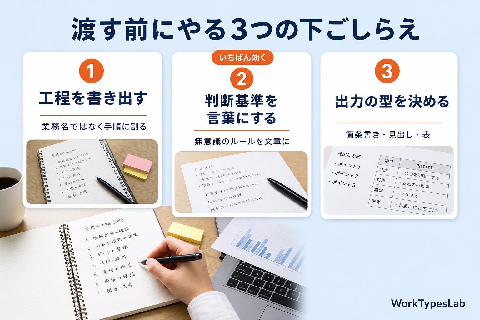 工程を書き出す・判断基準を言葉にする・出力の型を決めるの3ステップ図