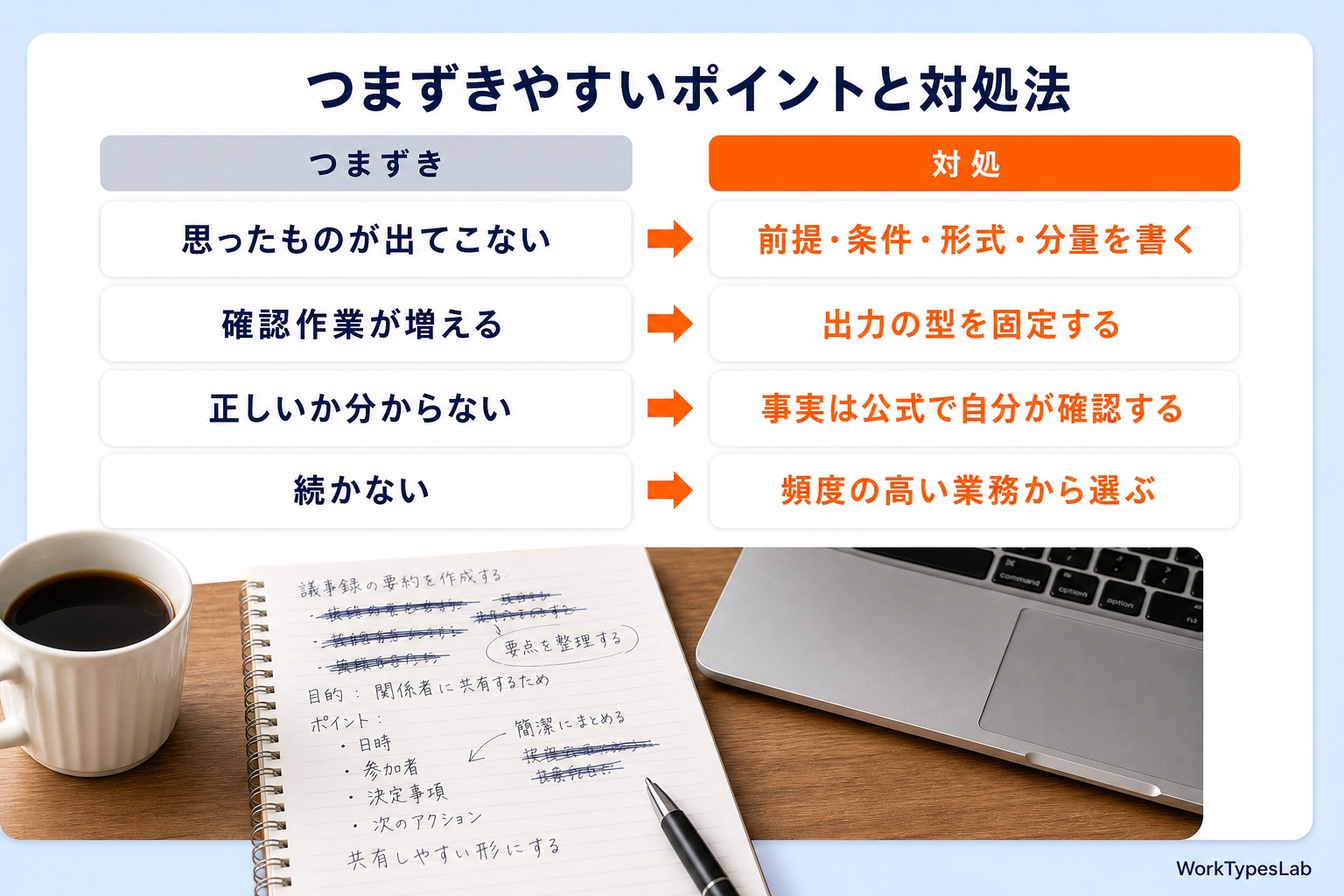 4つのつまずきとその対処を左右で対応させた表