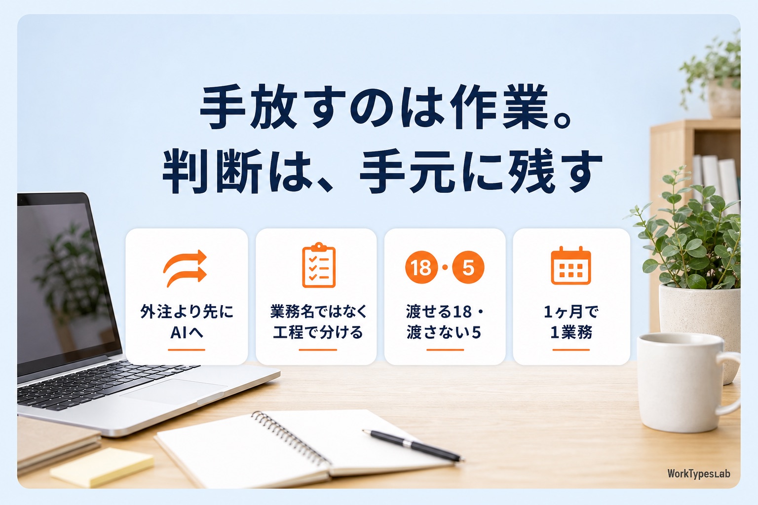 「手放すのは作業。判断は、手元に残す」の見出しと4つの要点カード
