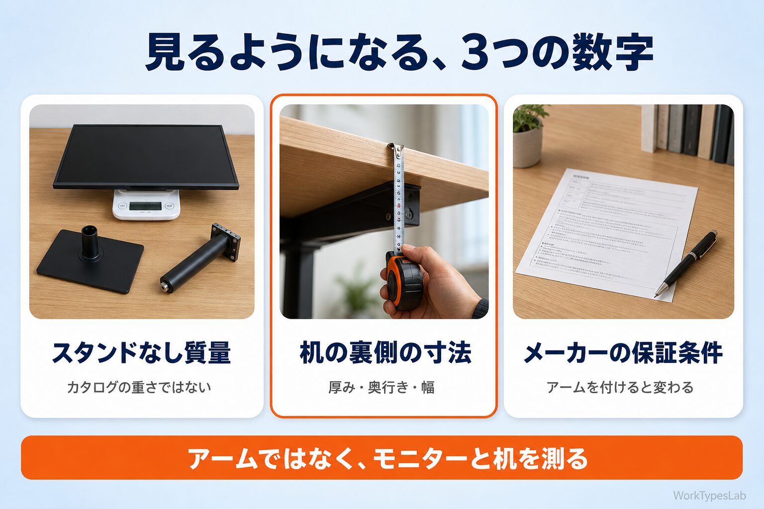 スタンドなし質量・天板の裏側の寸法・保証条件の3つを並べたカード