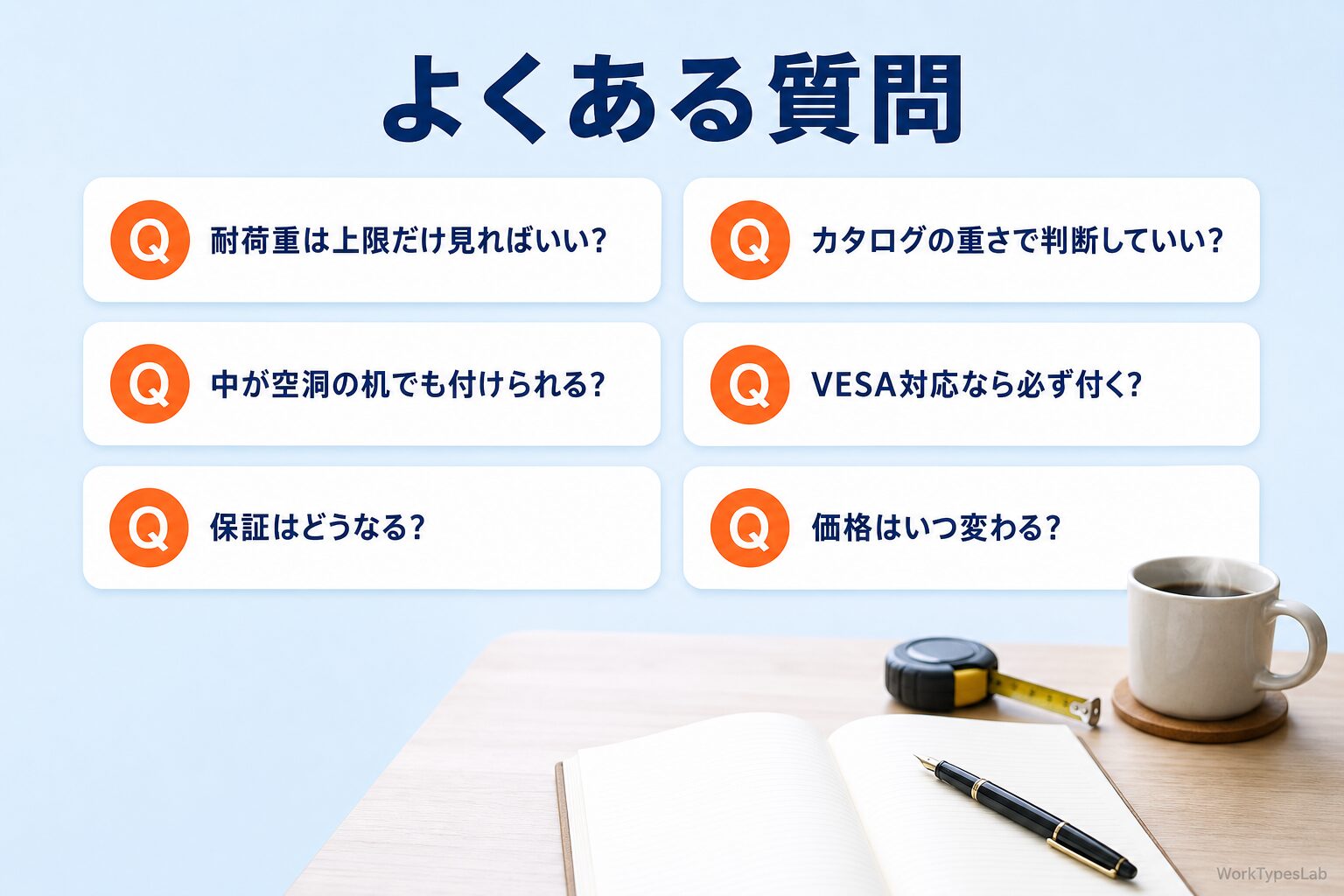 モニターアームに関する6つの質問カードを並べた図