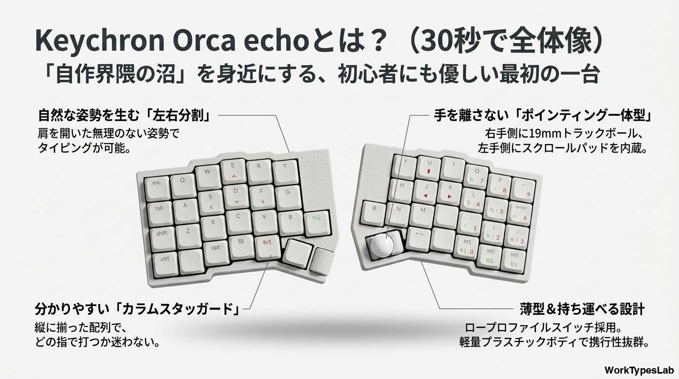 Keychron Orca echoの全体像とコンセプトを示す解説図