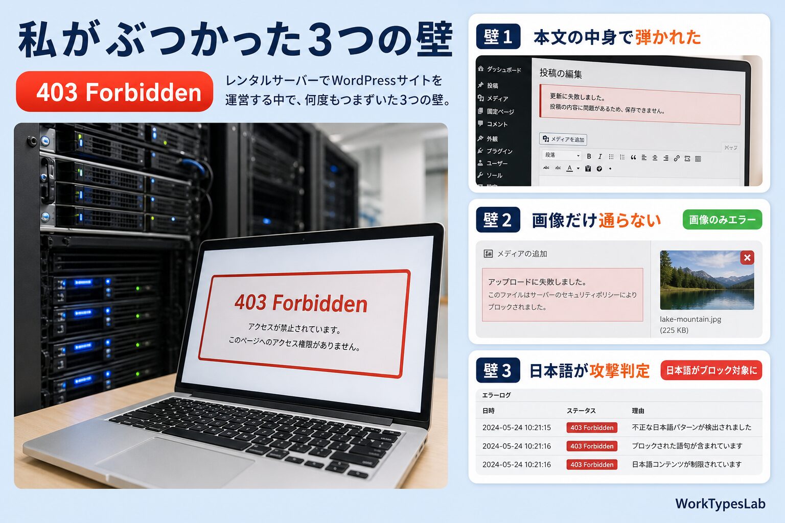 WordPress自動投稿が403 Forbiddenで弾かれた3つの原因を示した図解