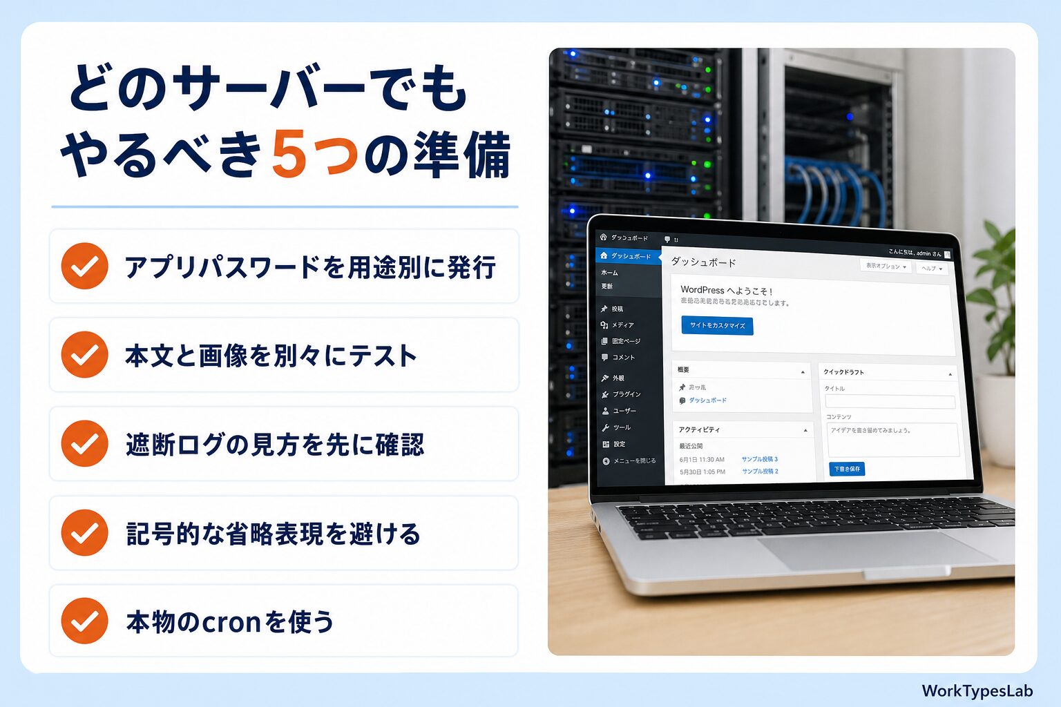 WordPress自動運用を始める前に必要な5つの準備をチェックリスト形式で示した図解