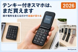 手のひらに載せた折りたたみ式の携帯電話と、ノートパソコンの横に置いたBluetoothテンキーを並べた図