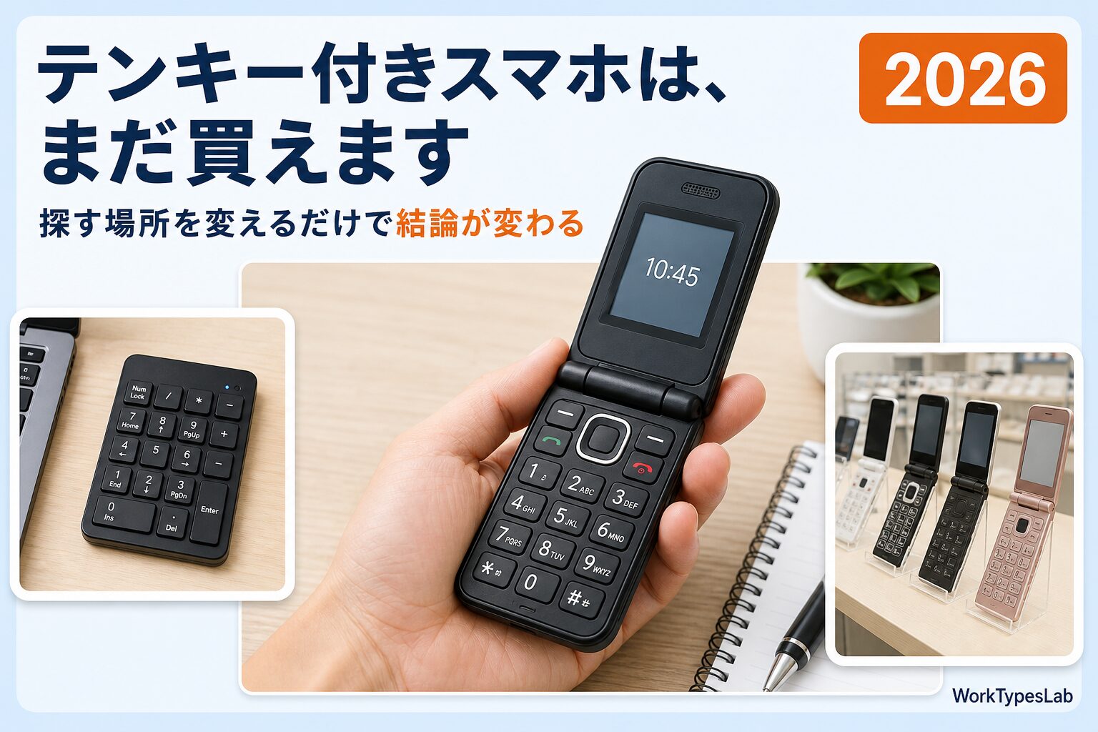手のひらに載せた折りたたみ式の携帯電話と、ノートパソコンの横に置いたBluetoothテンキーを並べた図