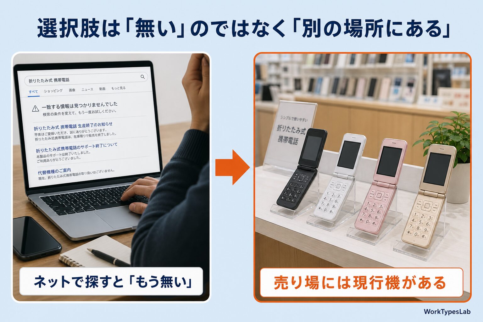 ネットの検索結果では「もう無い」と見え、売り場には現行機が並んでいることを対比した図
