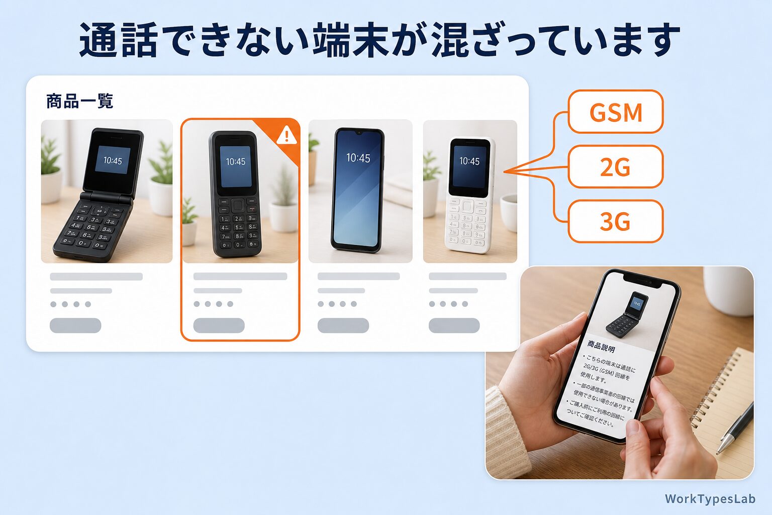 通販の商品一覧の1つに警告枠が付き、GSM・2G・3Gというタグが引き出されている図