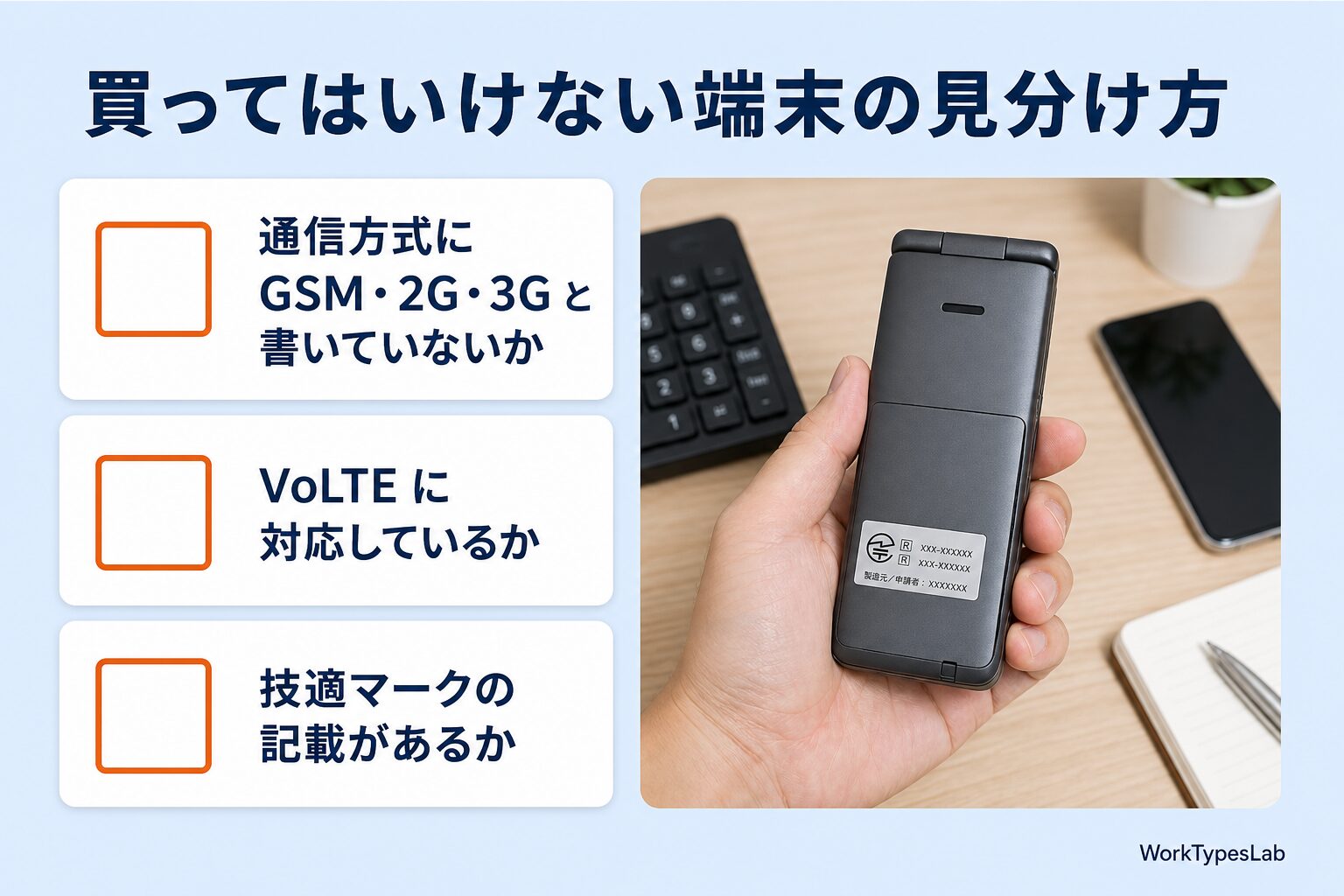 通信方式・VoLTE対応・技適マークの3項目のチェックリストと、端末の裏面を確認する手元の図