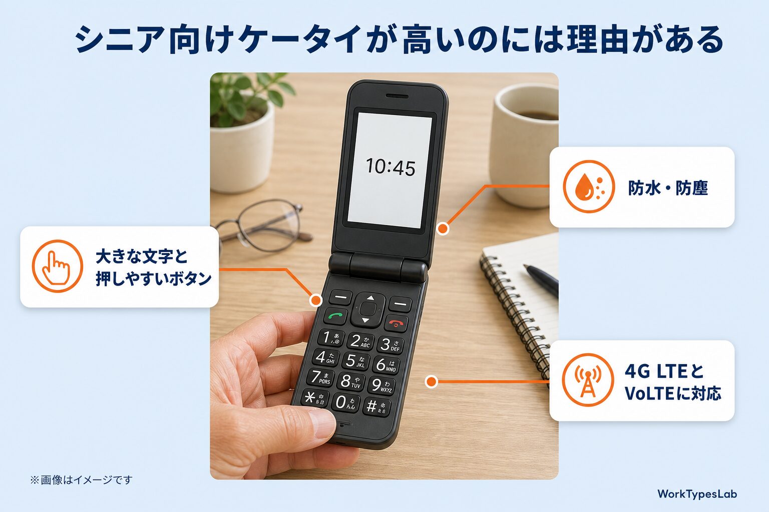 開いた状態の折りたたみ携帯と、大きな文字・防水防塵・4G LTE対応という3つの特徴を示した図