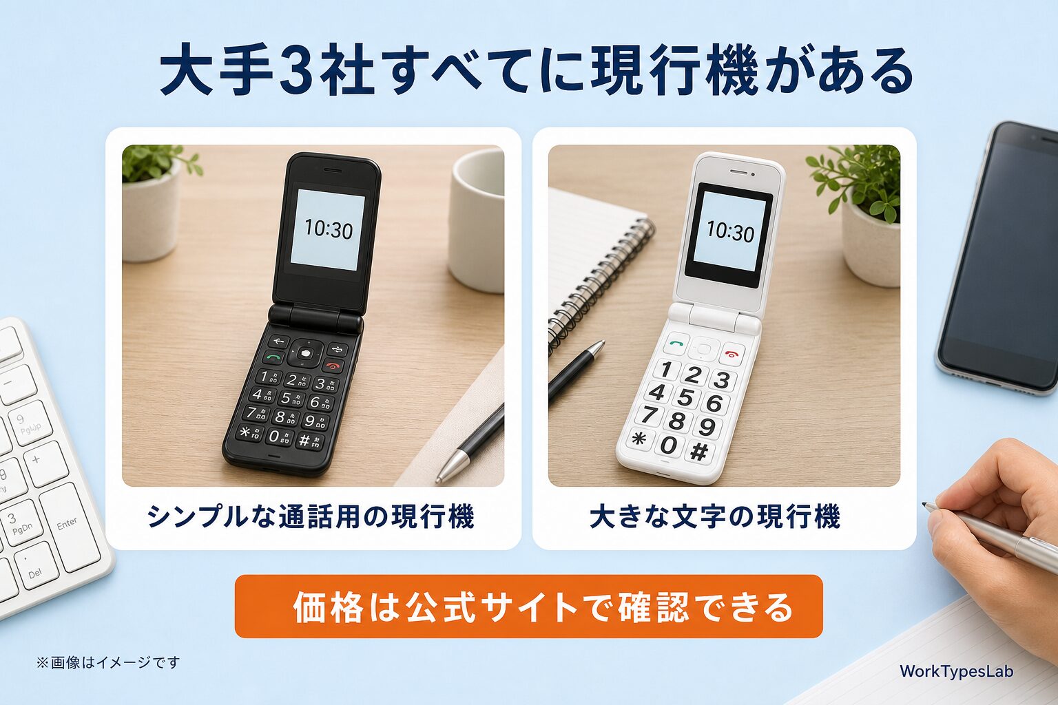 au・ソフトバンクの現行のテンキー機2台を並べ、価格は公式サイトで確認できることを示した図