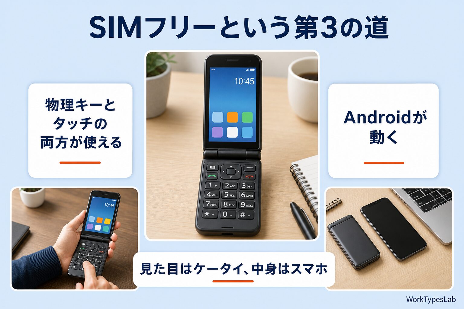 折りたたみの形で物理キーとタッチの両方が使えるAndroid端末を示した図