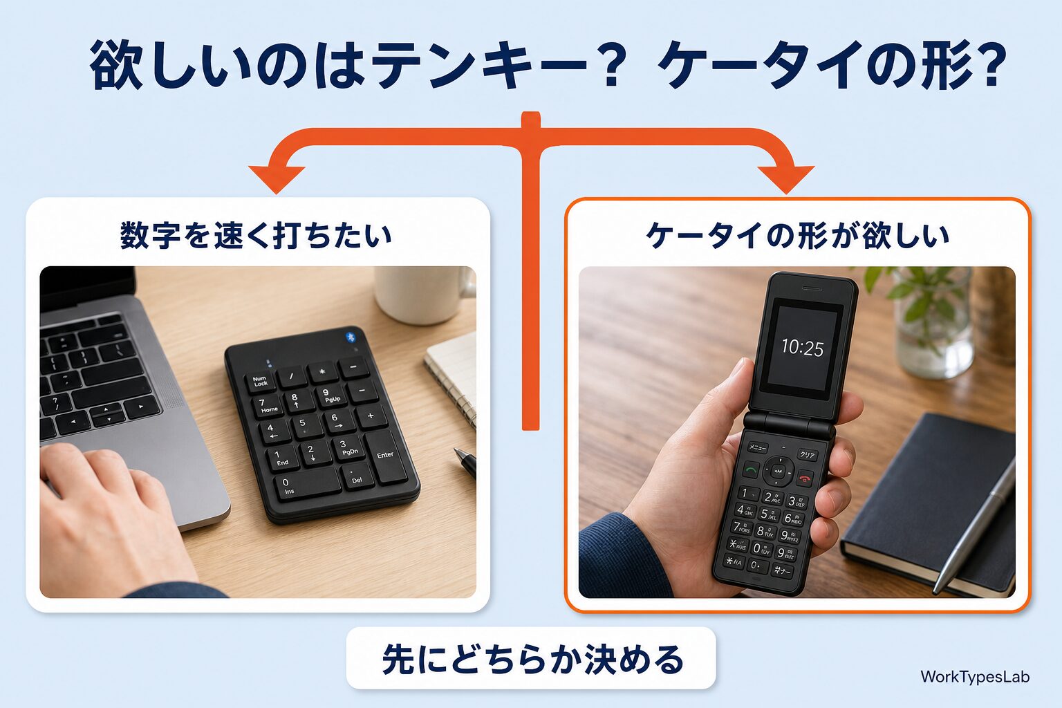 数字を速く打ちたい場合と、ケータイの形が欲しい場合に分岐する図