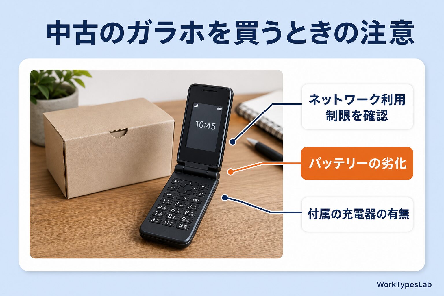 中古の折りたたみ携帯と箱を写し、利用制限・電池の劣化・充電器の有無を引き出した図