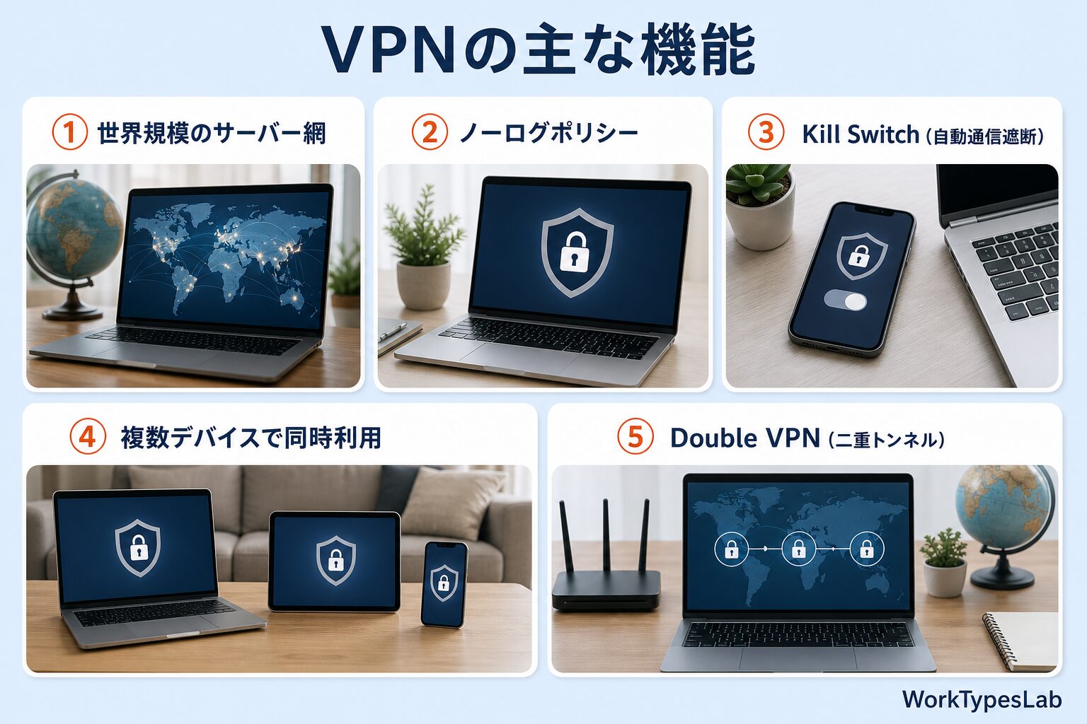 VPNの主な機能を5つに整理した図解(サーバー網・ノーログポリシー・Kill Switch・複数デバイス同時利用・Double VPN)