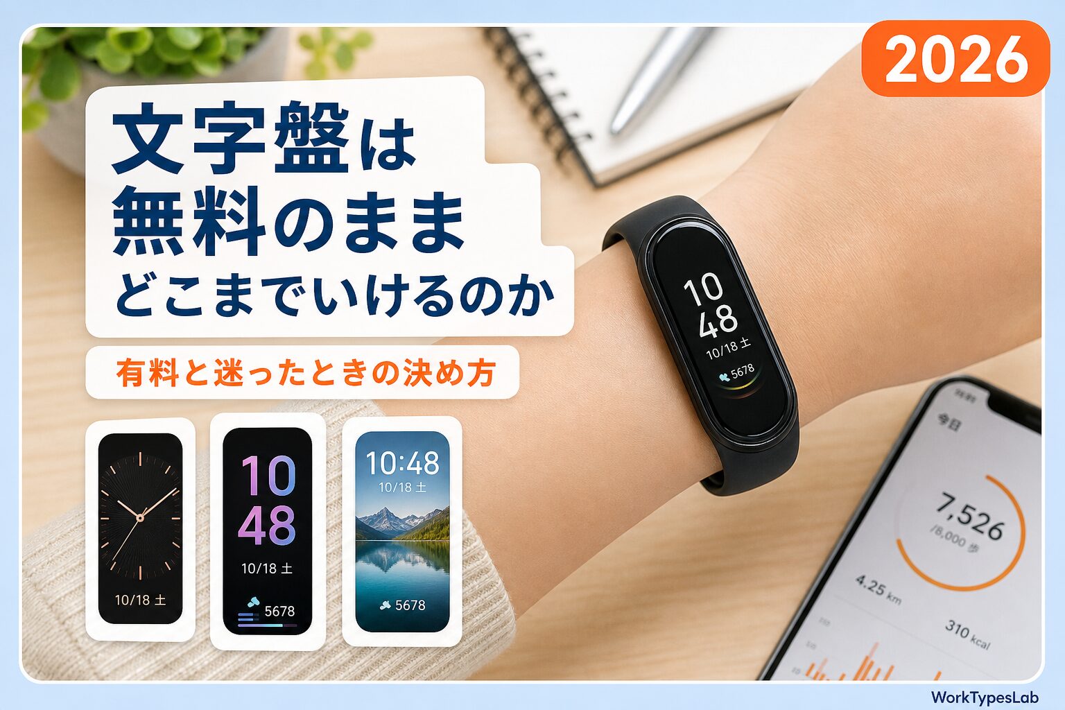 手首に着けたスマートバンドの画面に時計の文字盤が表示され、3種類の文字盤が並ぶ図