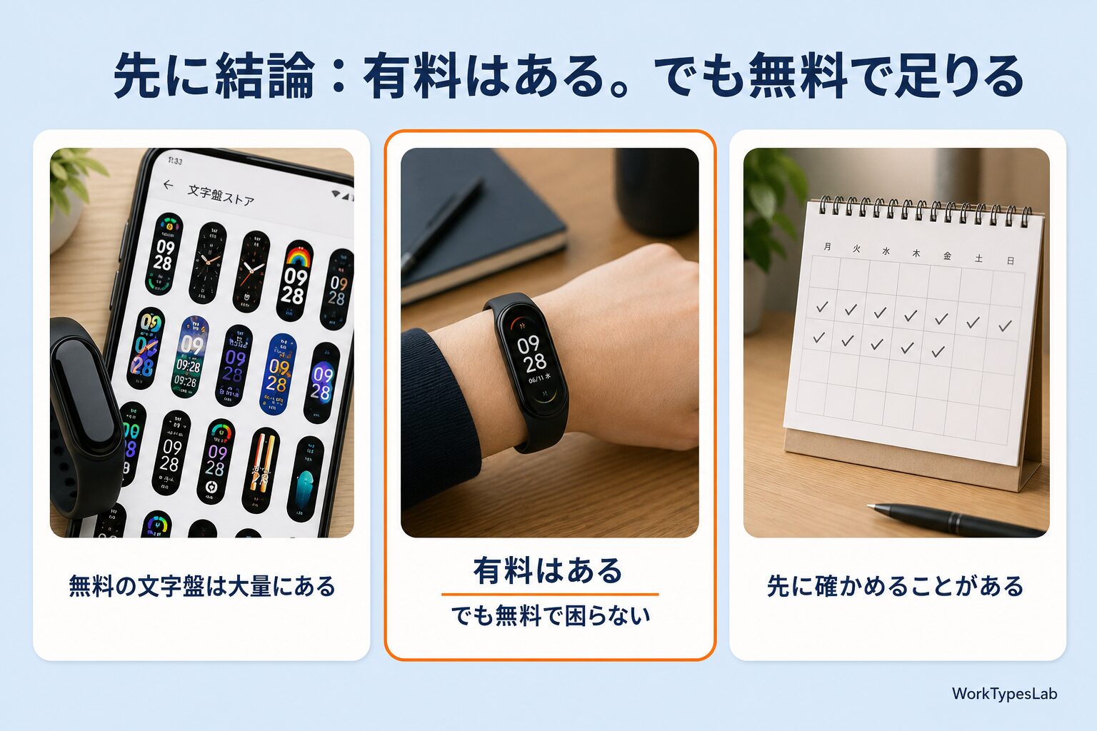 有料はあるが無料で足りることと、先に確かめることを並べた3枚のカード
