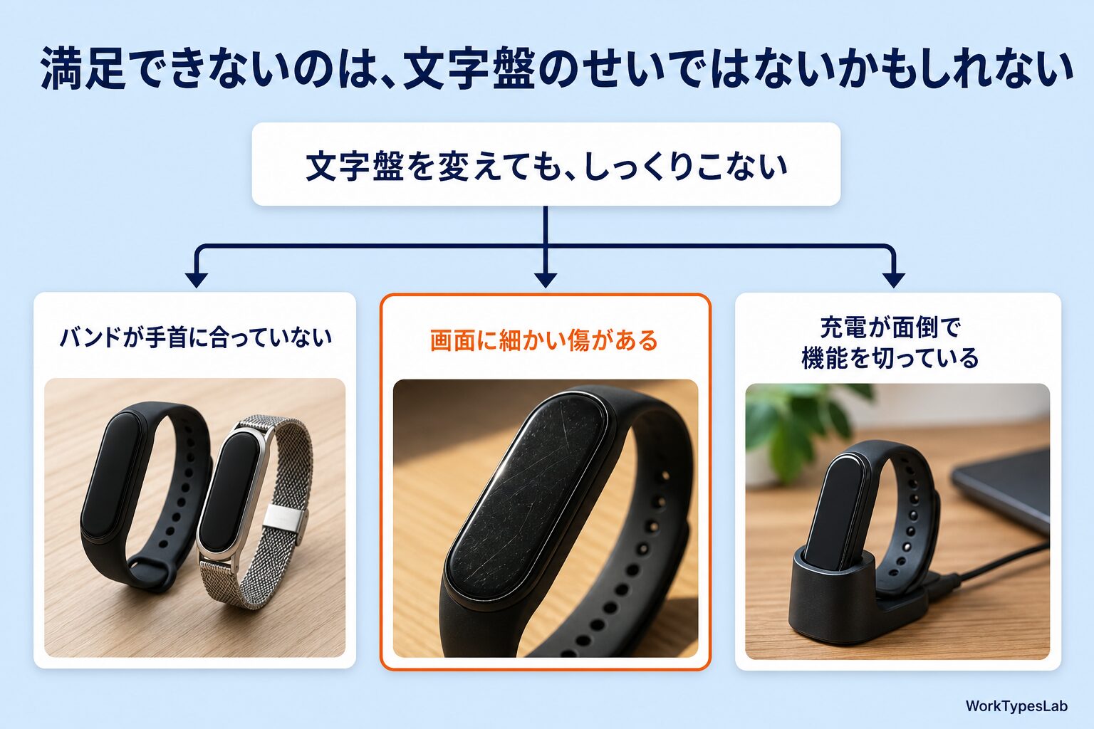 バンドの相性・画面の傷・充電の手間という3つの原因に分岐する図