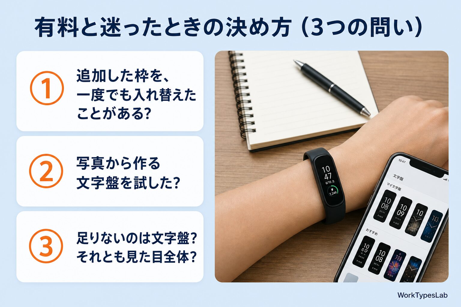 追加枠を入れ替えたか・写真の文字盤を試したか・足りないのは何かという3つの問いのカード