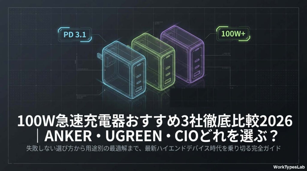 100W急速充電器おすすめ3社徹底比較2026｜ANKER・UGREEN・CIOの3台をPD 3.1・100W+の観点で比較する図解