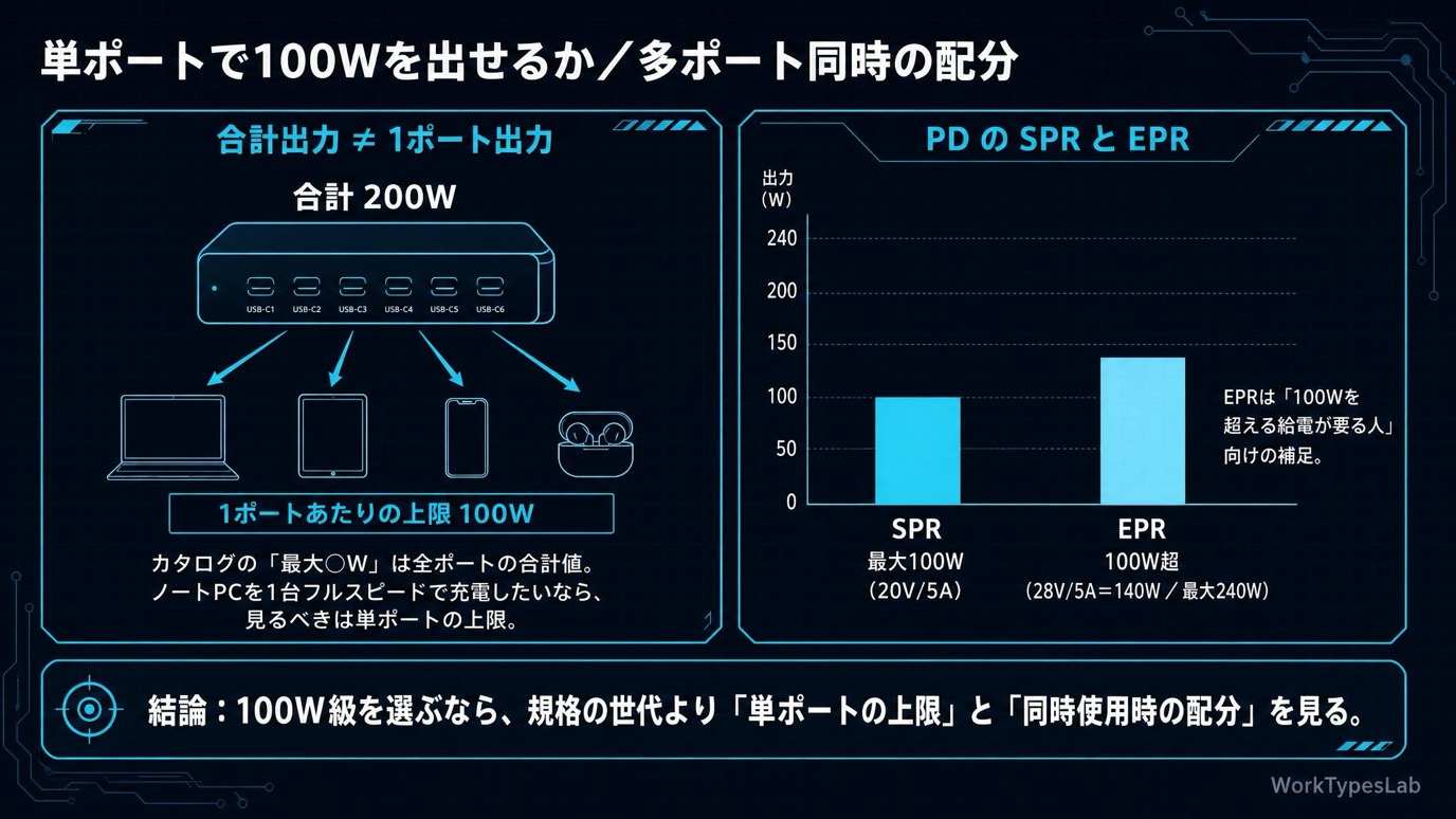 1. 単ポートで100Wを出せるか/多ポート同時使用時の配分