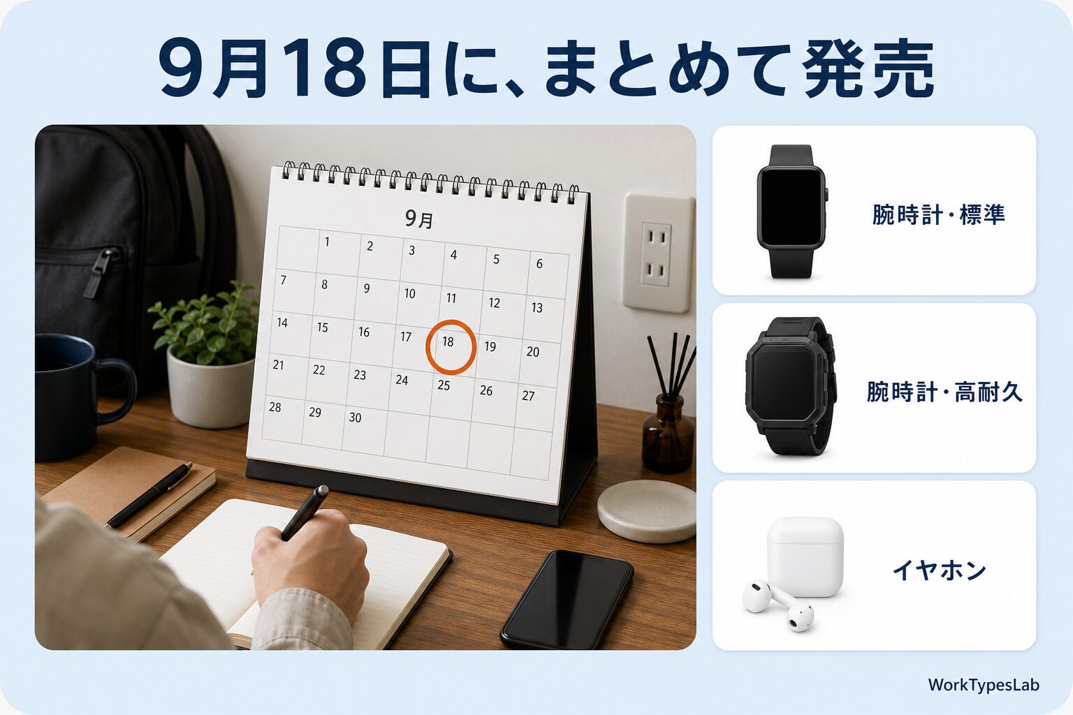 Apple Watch Series 12・Ultra 4・AirPods 5 が9月18日にまとめて発売されることを示すカレンダー図