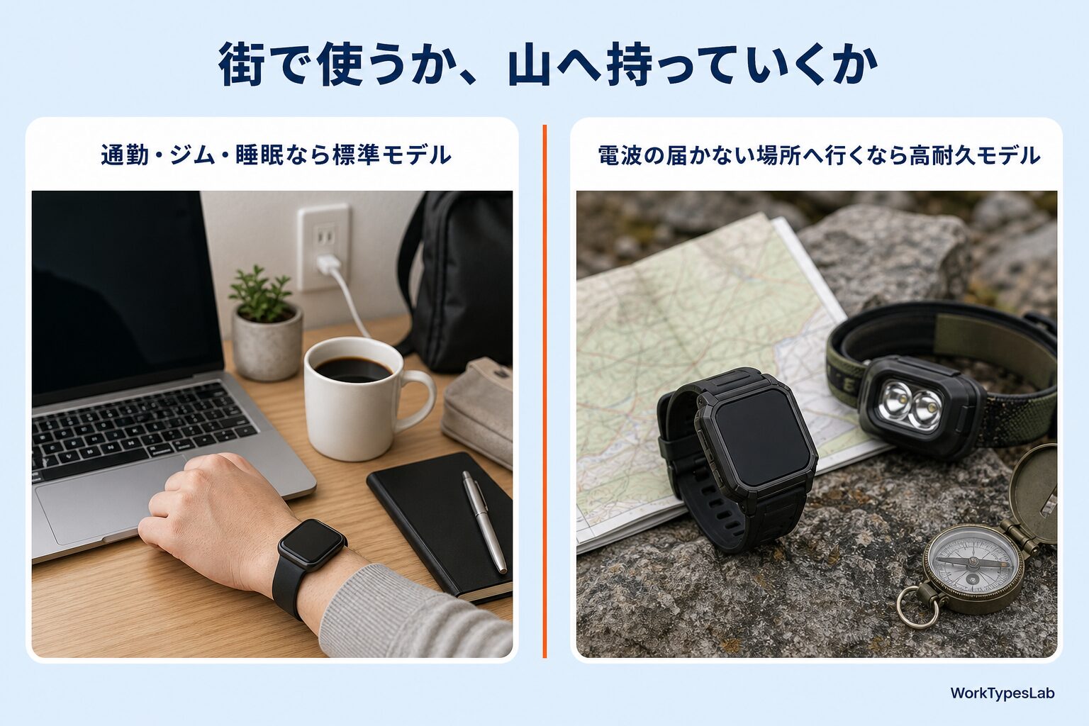街で使うなら標準モデル、電波の届かない場所へ行くなら高耐久モデルという使い分けの図