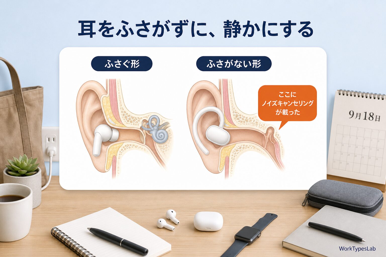 耳をふさぐ形とふさがない形のイヤホンの違いと、ふさがない形にノイズキャンセリングが載ったことを示す断面図