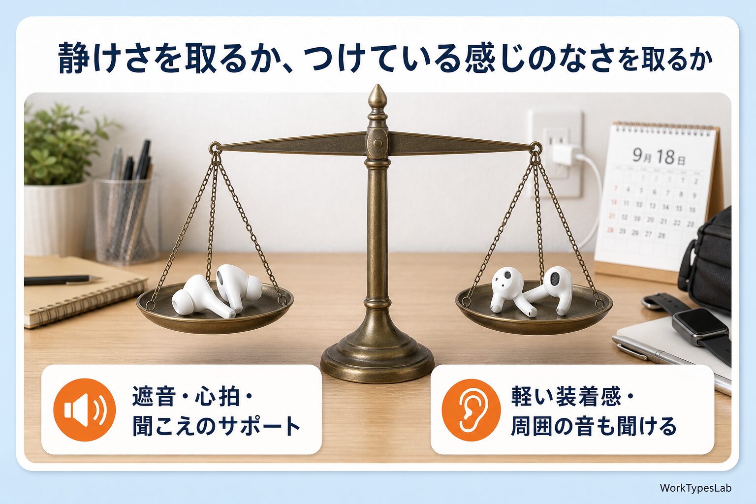 遮音を取るか装着感の軽さを取るかを天秤で表したイヤホン選びの図