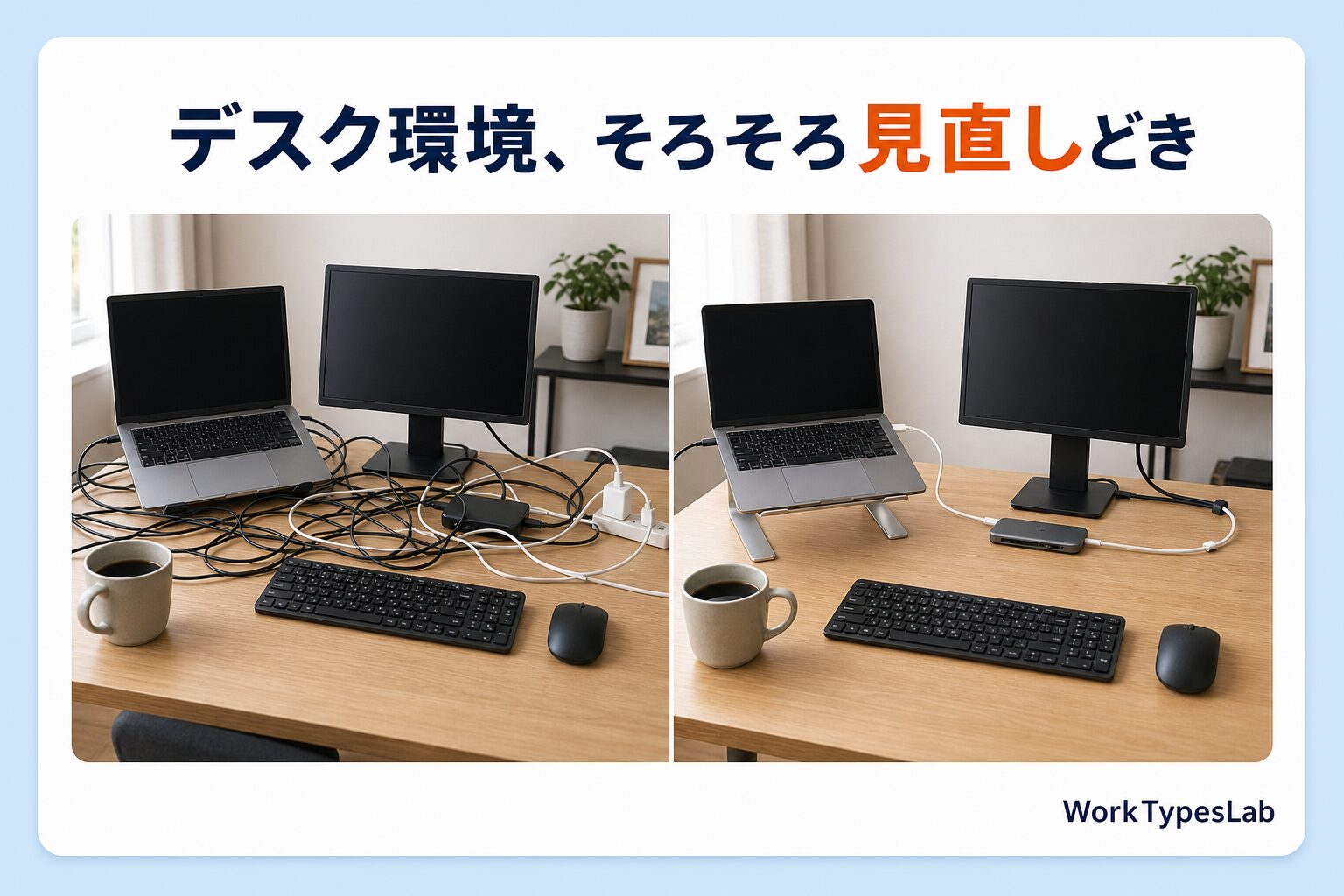 在宅ワークのデスク環境を見直す前と後の比較。ケーブルが絡まった状態と整理された状態