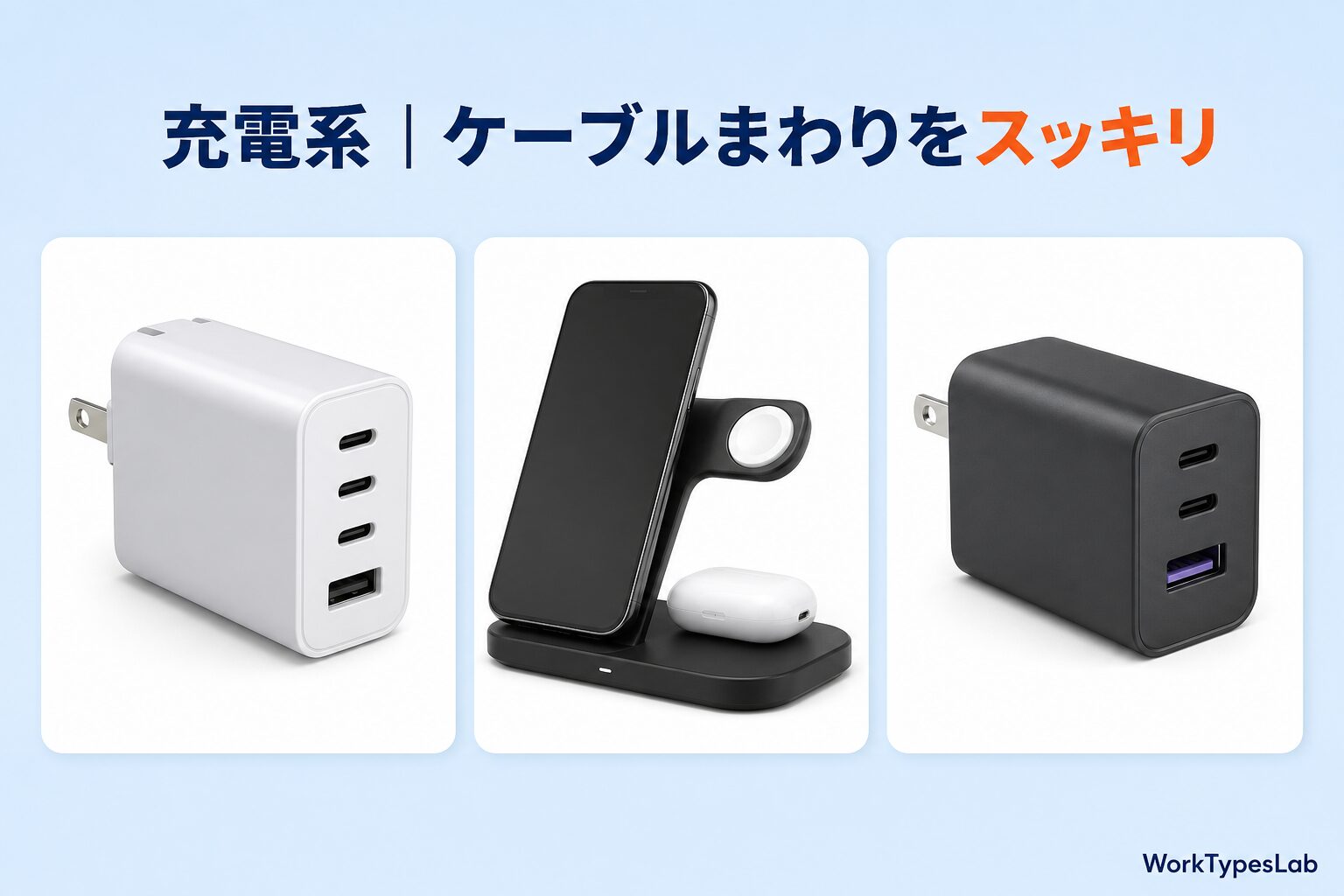 充電系ガジェットの図解。多ポートUSB-C充電器、3in1ワイヤレス充電スタンド、GaN充電器