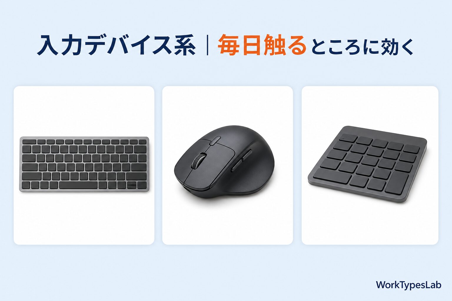 入力デバイスの図解。薄型ワイヤレスキーボード、エルゴノミクスマウス、テンキー