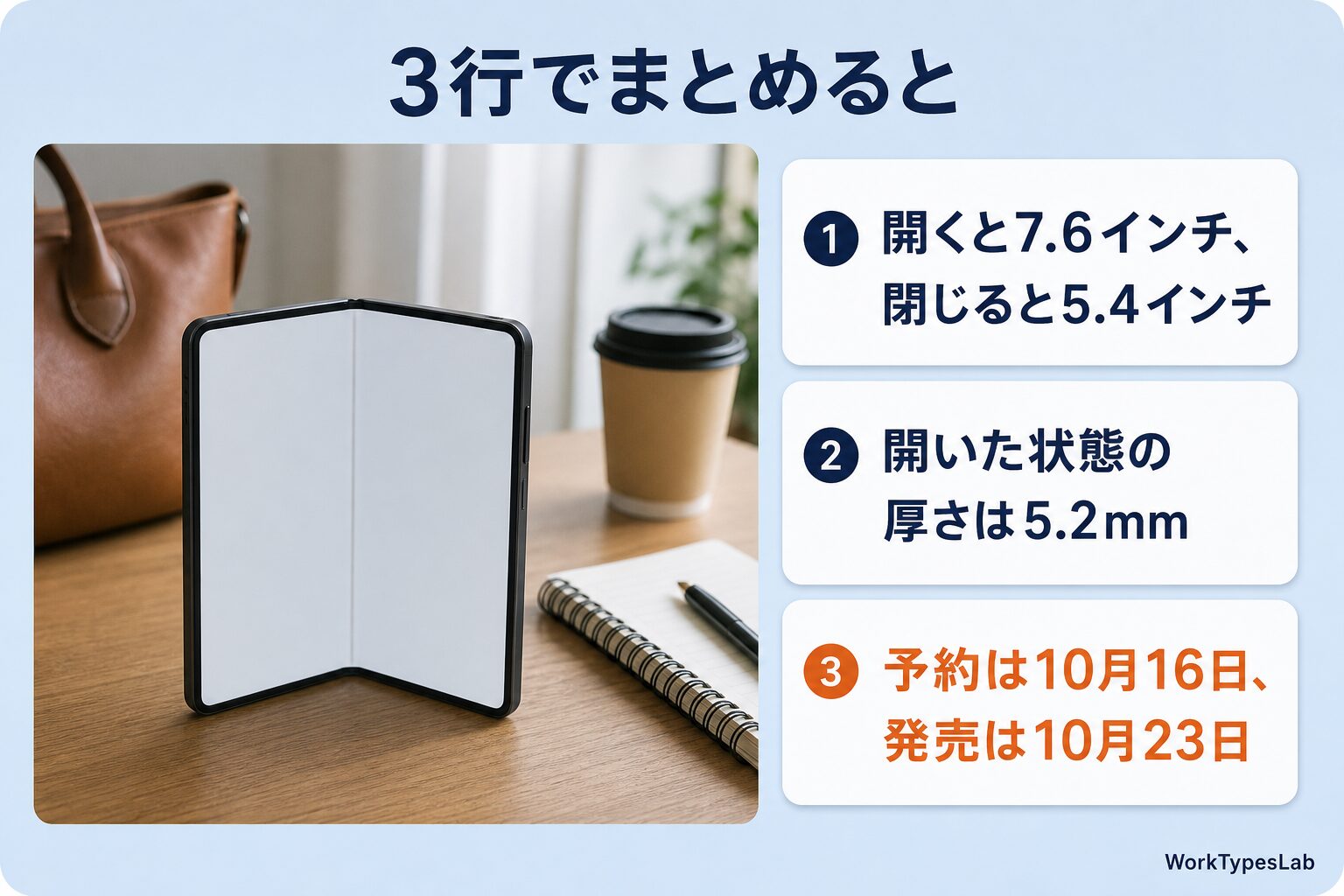 iPhone Duoの要点3つ(開くと7.6インチ・厚さ5.2mm・予約10月16日と発売10月23日)をまとめた図