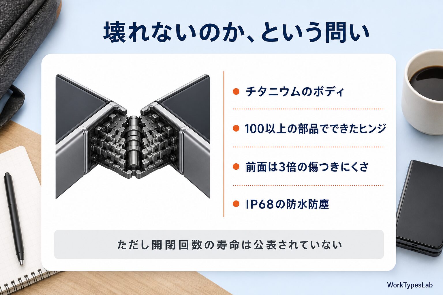 チタニウムのボディ・100以上の部品のヒンジ・IP68など耐久性の仕様と、開閉回数は未公表であることを示す図