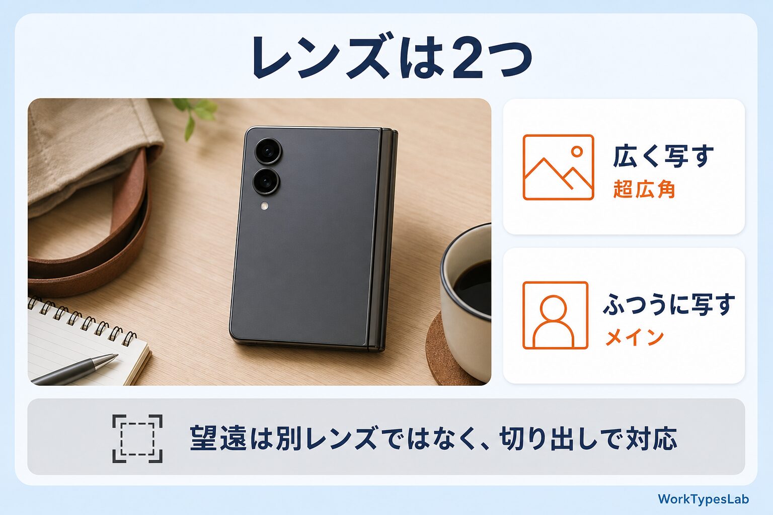 iPhone Duoのカメラはメインと超広角の2レンズで、望遠は切り出しで対応することを示す図