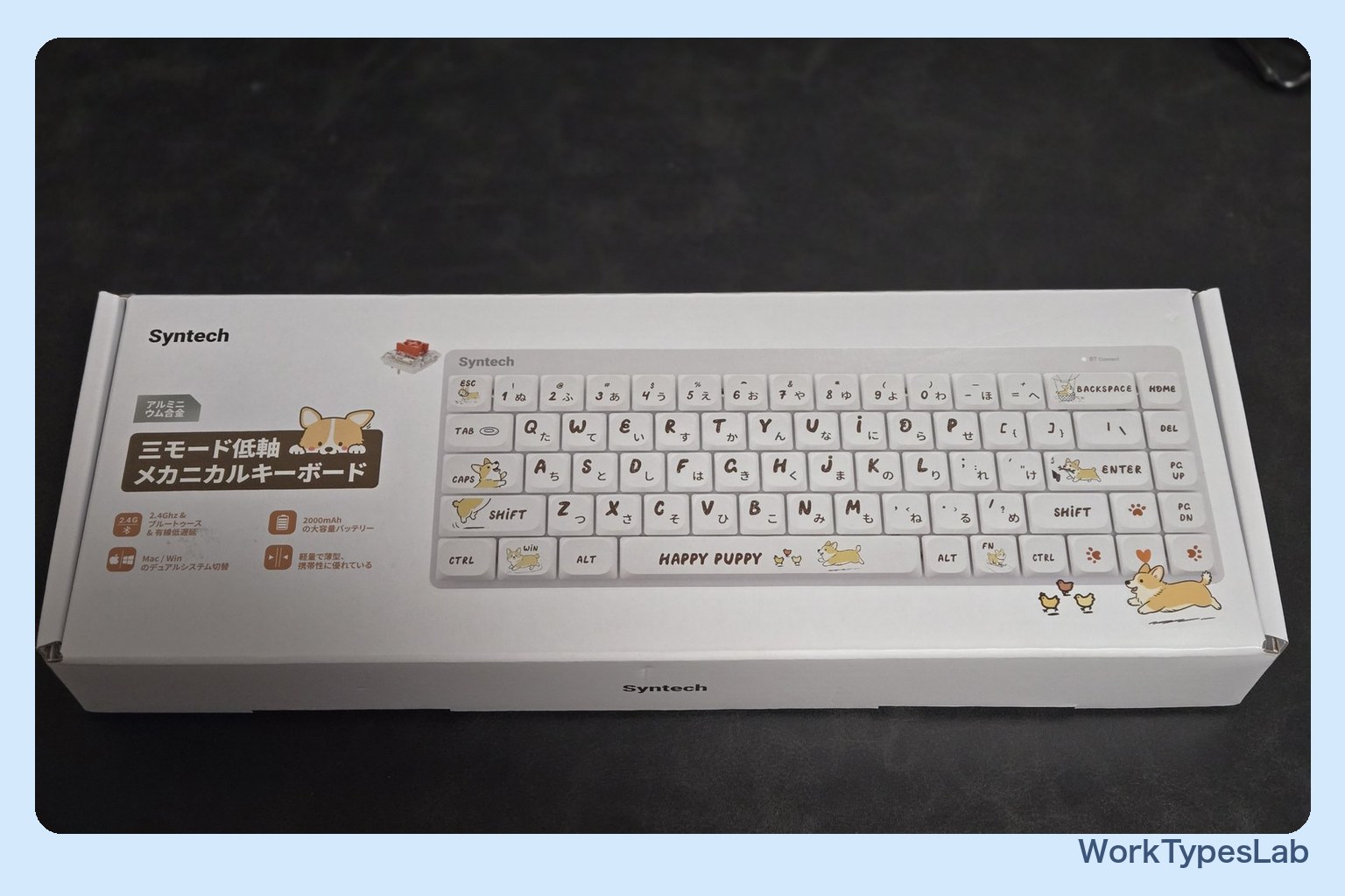 Syntech Chronos 68 の外箱。コーギーのイラストとキーボードの写真が印刷されている