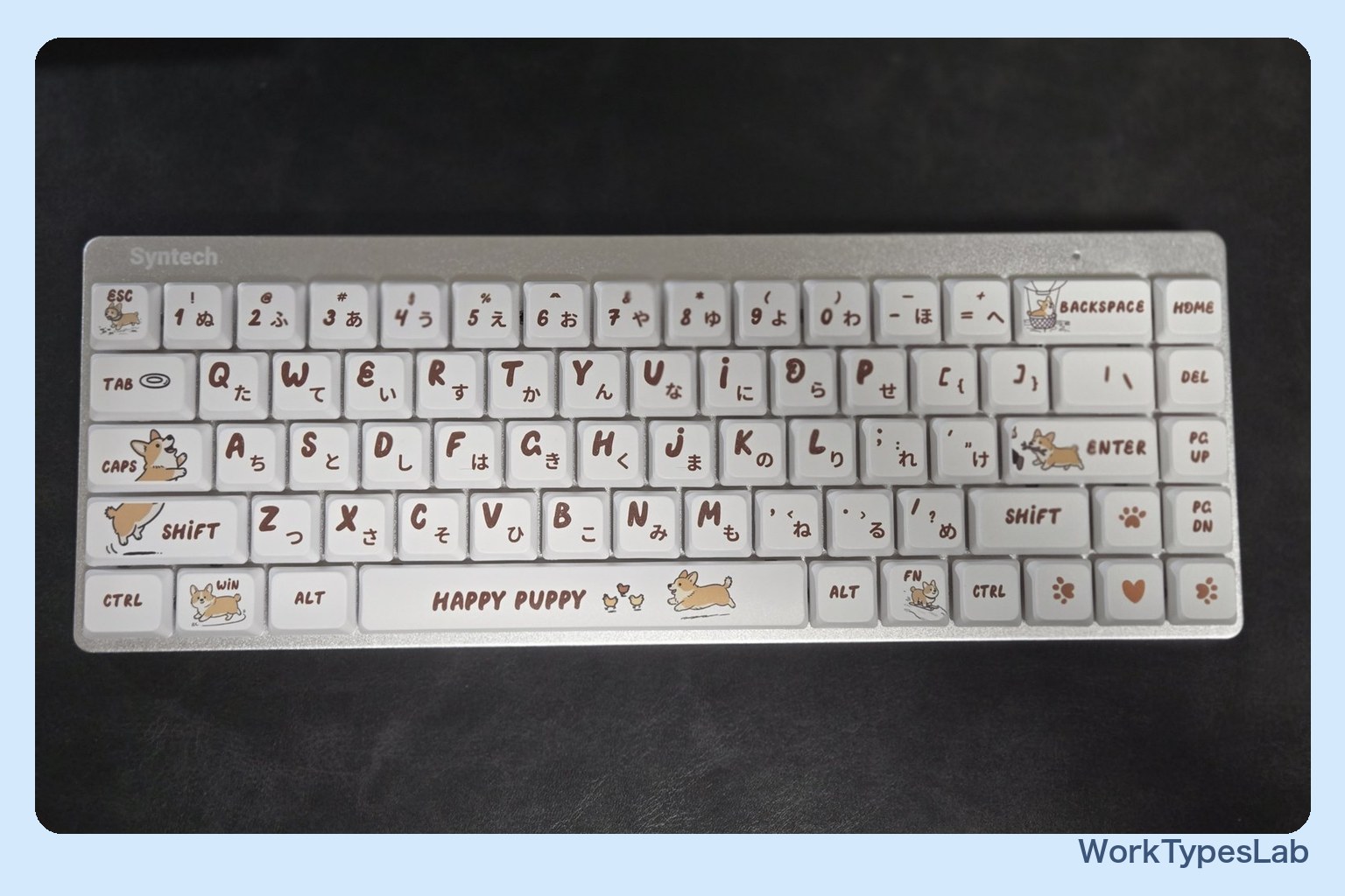 Syntech Chronos 68 の全体。US配列にひらがな刻印が入ったキーキャップ