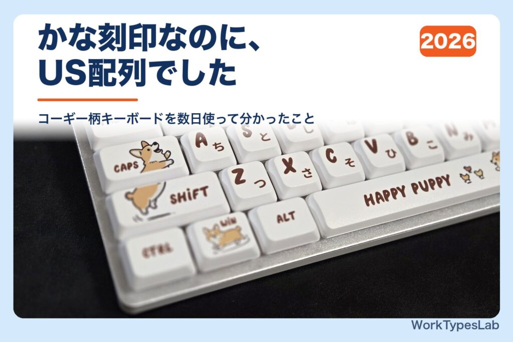 Syntech Chronos 68 のコーギー柄キーキャップ。CAPSとSHIFTにコーギーのイラスト、スペースバーにHAPPY PUPPYの文字