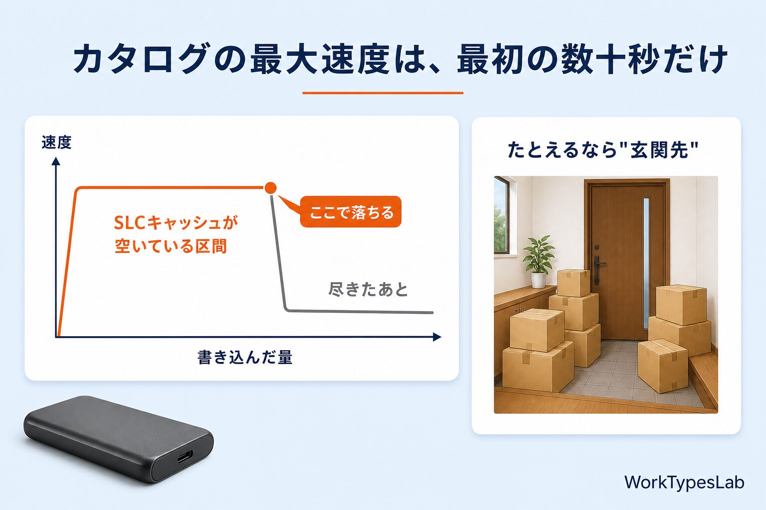 SLCキャッシュが尽きると書き込み速度が落ちる仕組みの図解